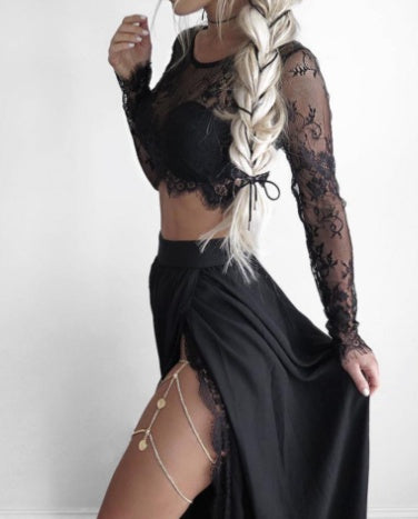 Hot-selling two-piece lace top to increase the split skirt