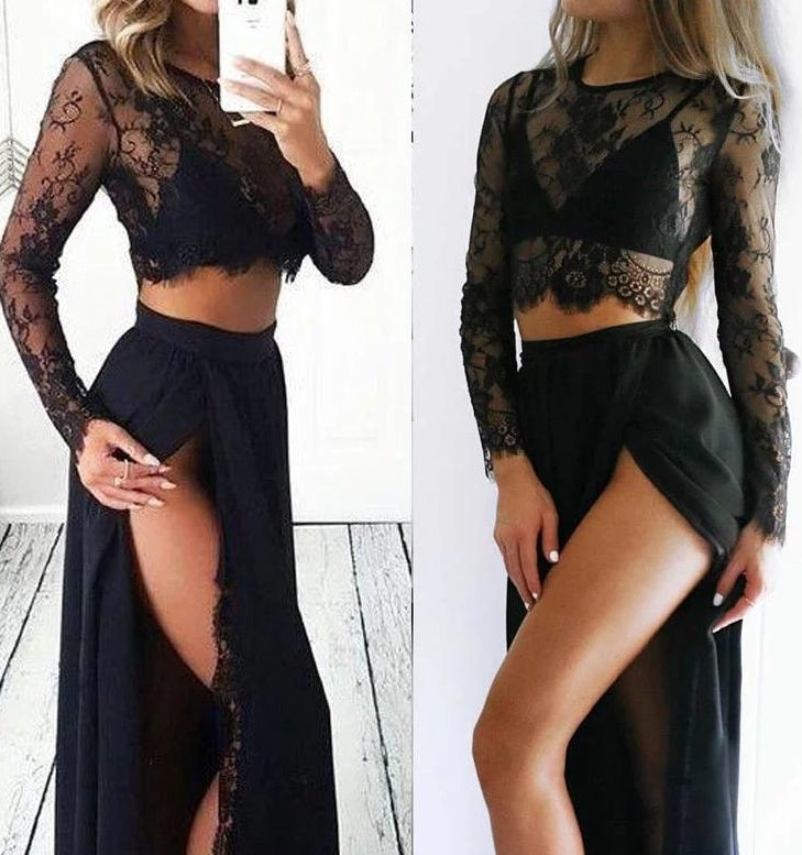 Hot-selling two-piece lace top to increase the split skirt