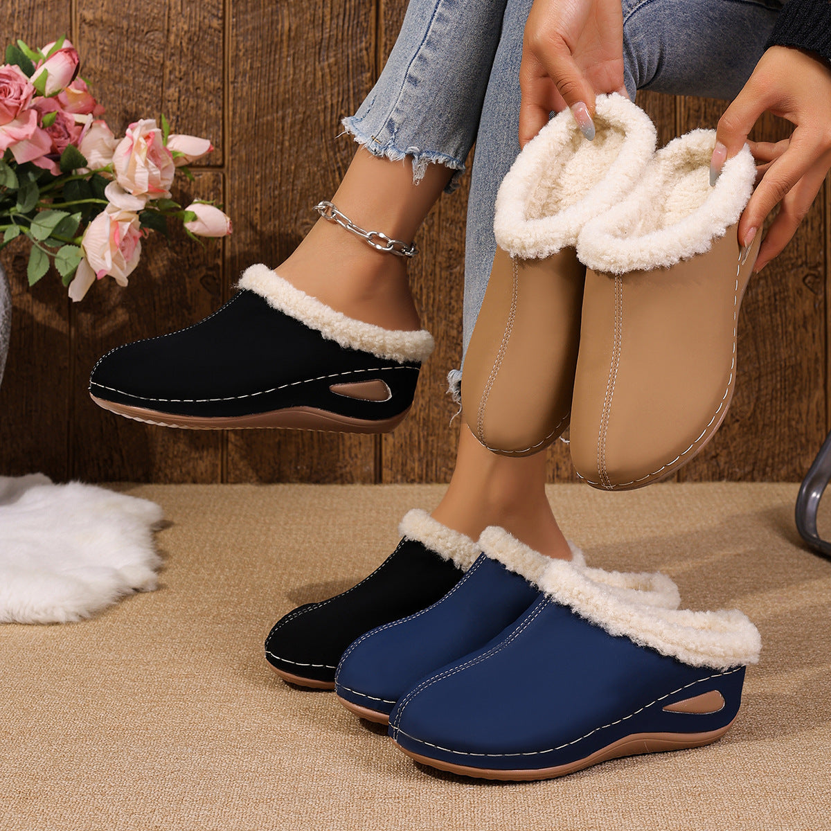 Fashion Plush Slippers Outdoor Wedges Sandals Women's Garden Shoes